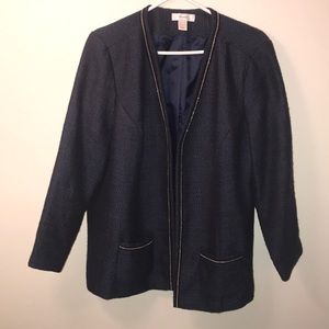 cj banks blue black tweed open front blazer